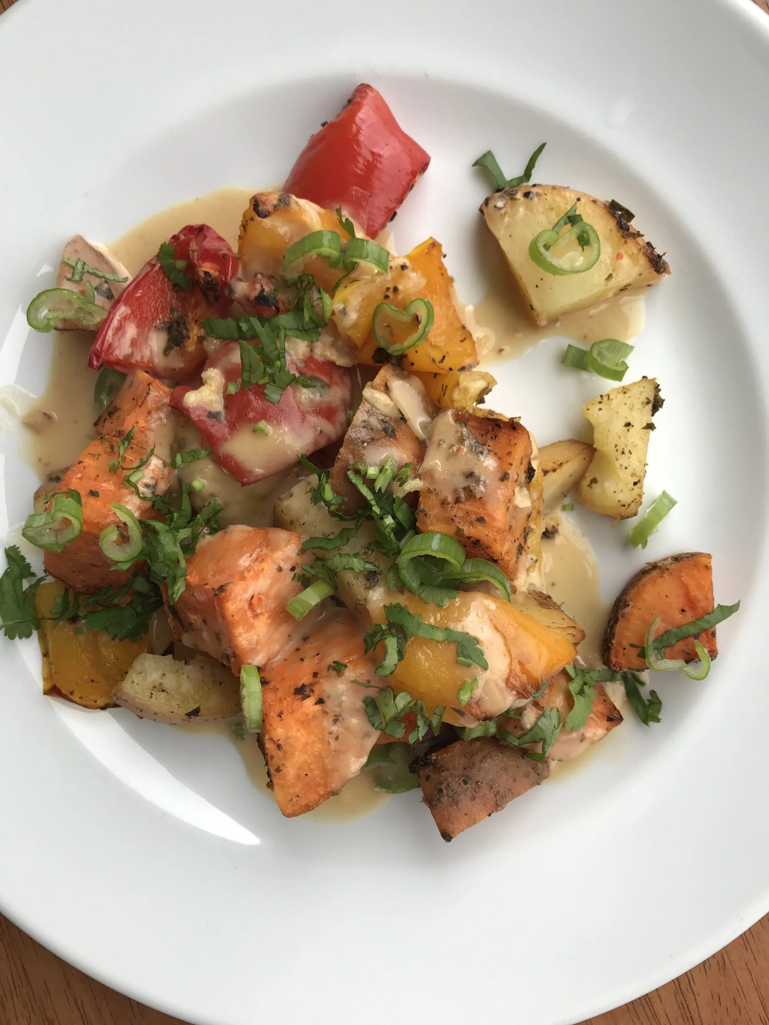 Baked Vegetables In Chimicurri Sauce Topped With Spicy Tahini Dressing On A Cold, WET Day!