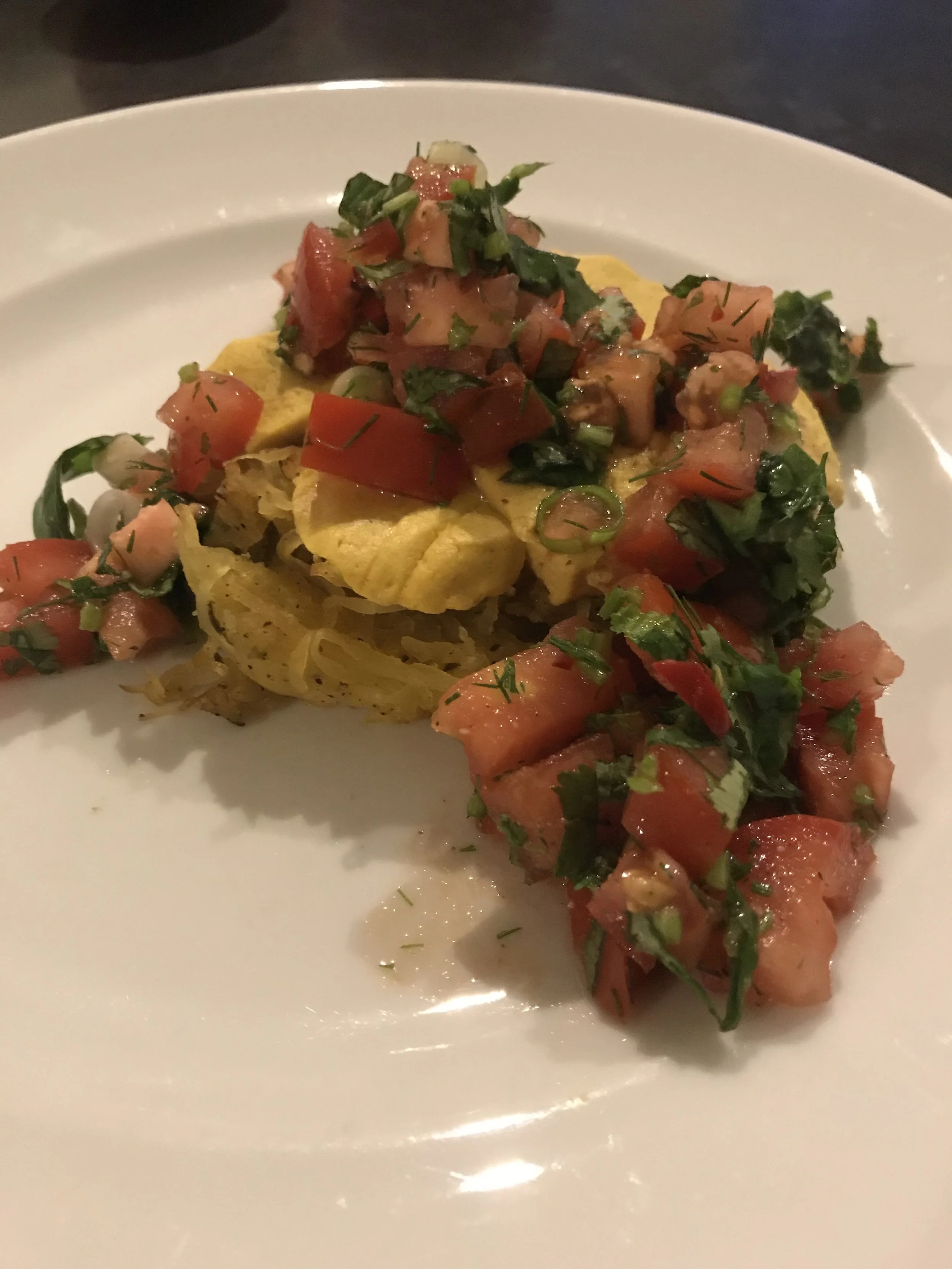 Sautéed Patties With Spaghetti Squash, Topped With Cashew Nut 'cheese,' Tomatoes And Herbs!