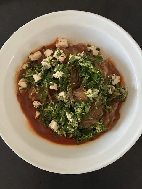 Noodles With Roasted Tomato And Red Pepper Sauce, Cashew Nut 'Feta' And Gremolata!