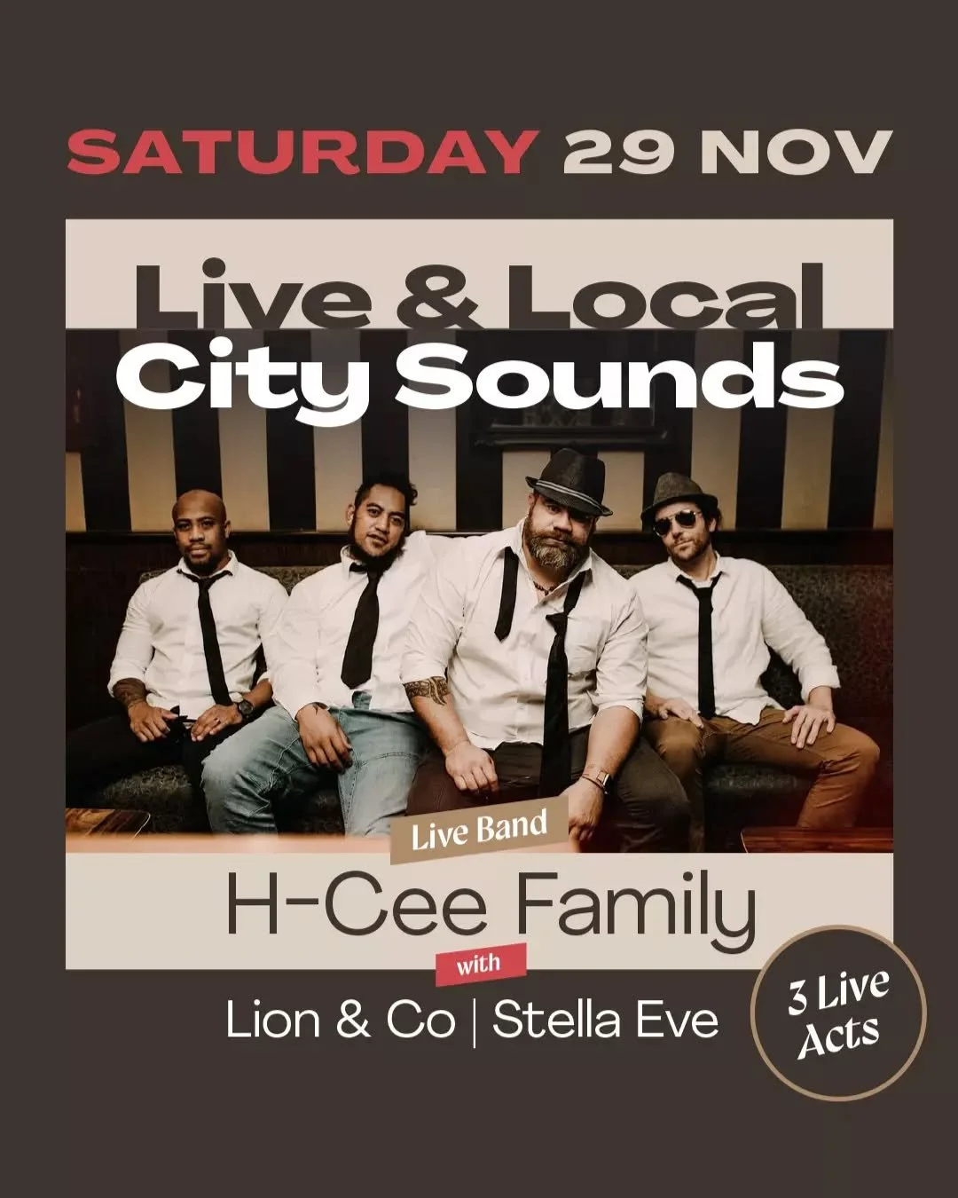 Three acts. One huge night. 

Join @hceefamily, @_.stella_eve._, and Lion &amp; Co on 29 November for #CitySoundsAtPJs from 5 PM.

🎶 Free entry. Good vibes guaranteed.