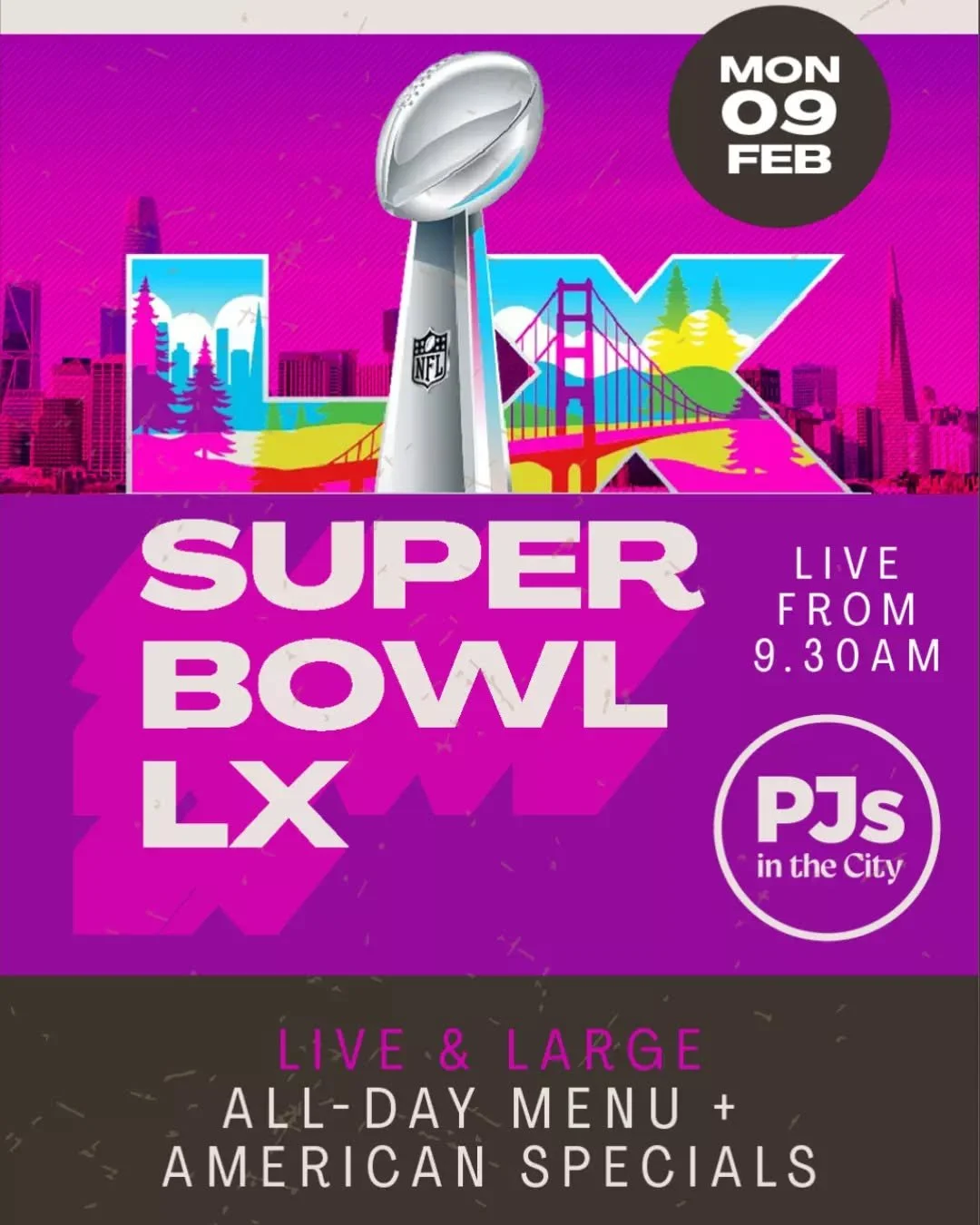 Expect it loud, expect it early, expect a full all-day menu plus American specials like nachos, hot dogs, wings and cheeseburgers. 

See you Monday 9 February from 9.30am 🏈 Book now to lock in the best seat in the house.