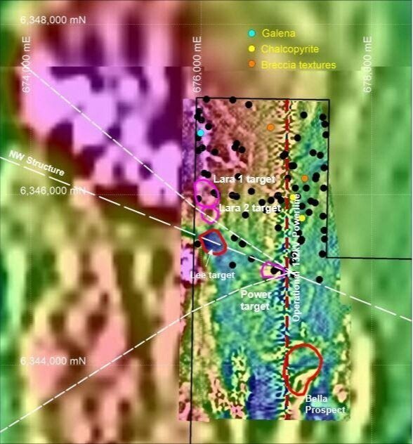 UAV magnetic survey with interpreted features including structure, prospects (Lara 1 and 2, Power, Lee and Bella) and rock chip samples.