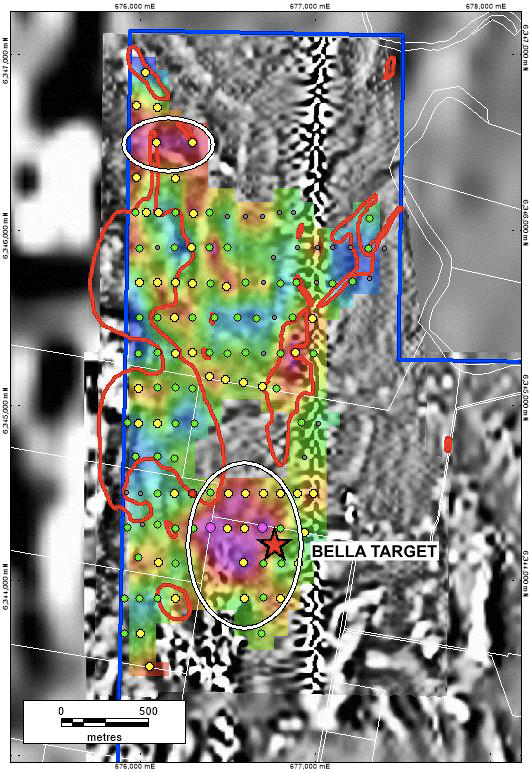 Mapped Monzodiorite Intrusion Figure 1: Max gold in hole on a baselayer comprising a simple additive index (featuring arsenic, bismuth, lead, molybdenum and titanium) draped over Laplacian filter applied to RTP TMI greyscale image.