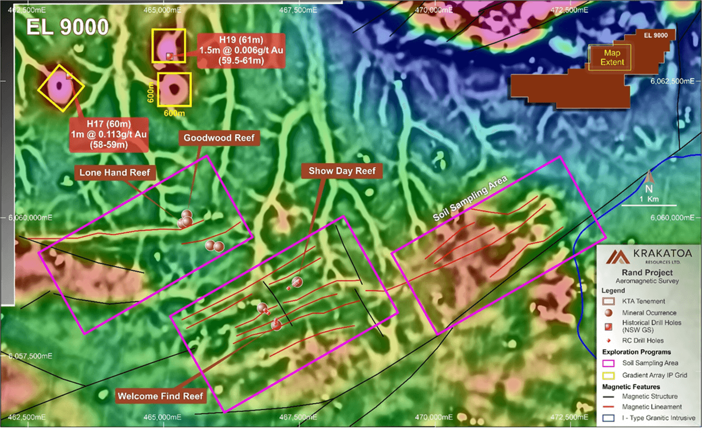 Figure 1.  Priority exploration targets with historical gold workings and GSNSW drilling, on Aeromagnetic TMI-RTP image.