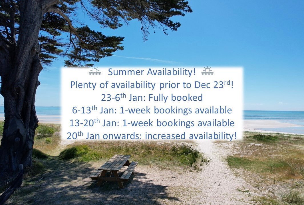 Campsites for Summer are going like hotcakes! 🥞☀️ We have a number of 1-week bookings available: please call the office to book 🏖️