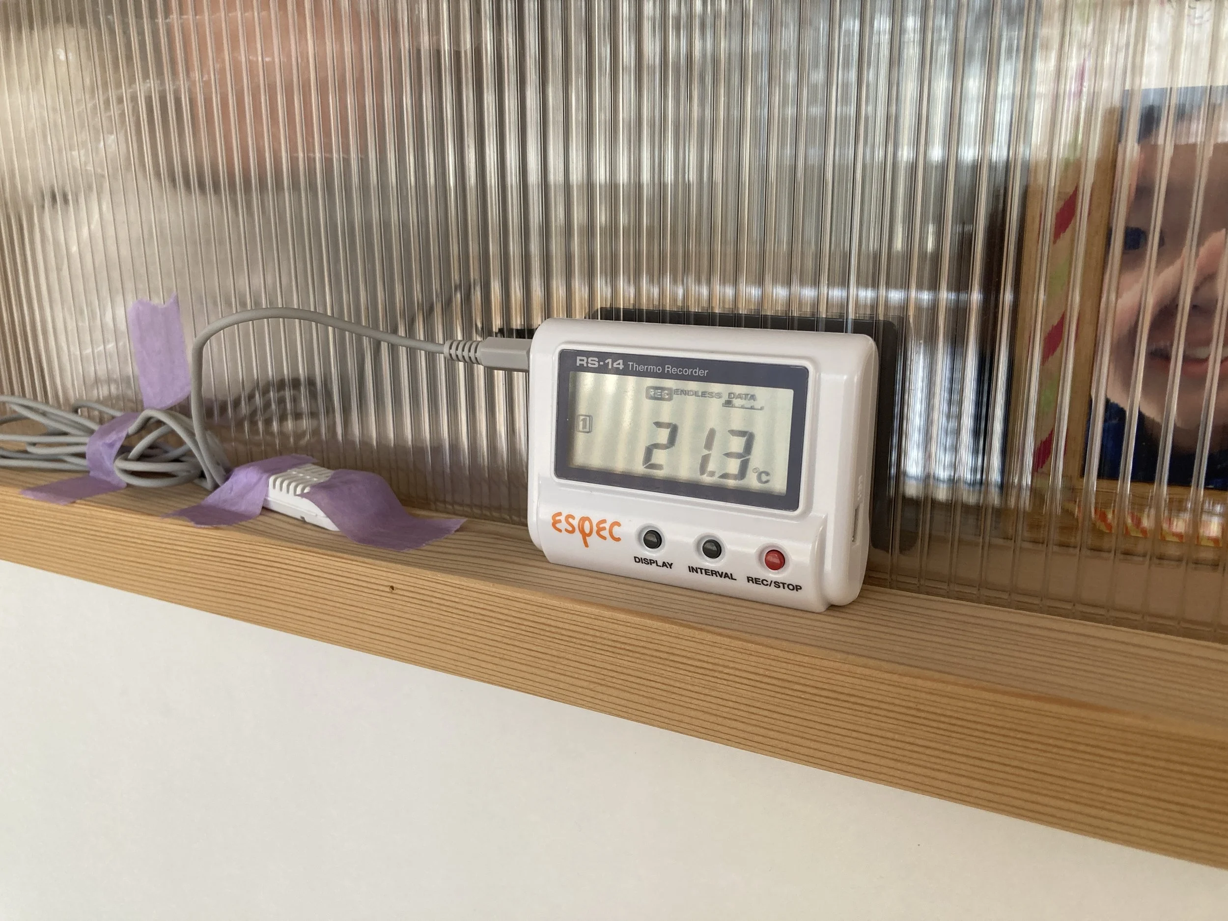 棚の上に置かれたデジタル温湿度計は21.3℃を表示している。湿度センサーは紫のテープで固定されている。