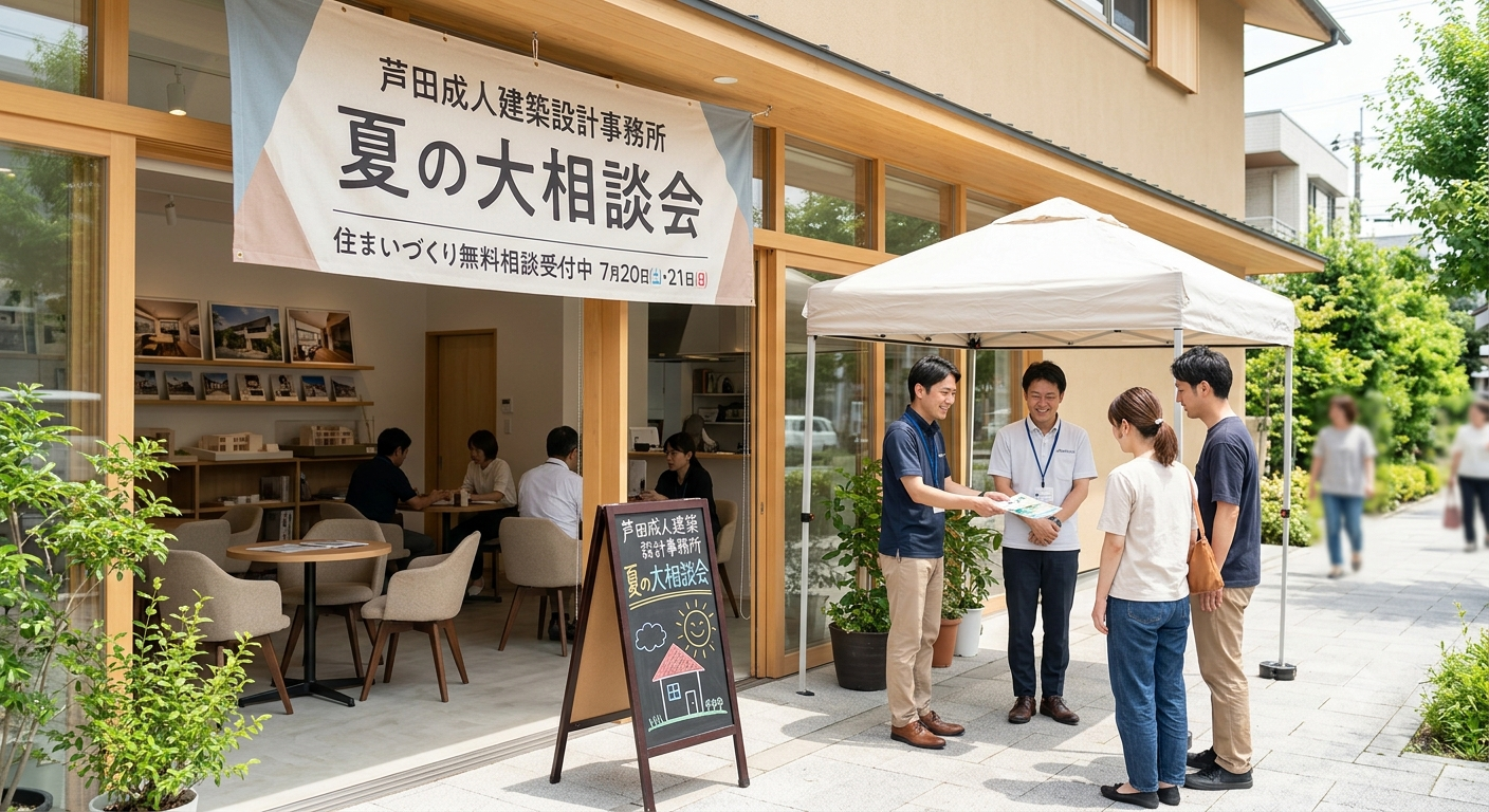 街を歩く人にチラシを配る２人の男性と建物の中で開かれている相談会の様子