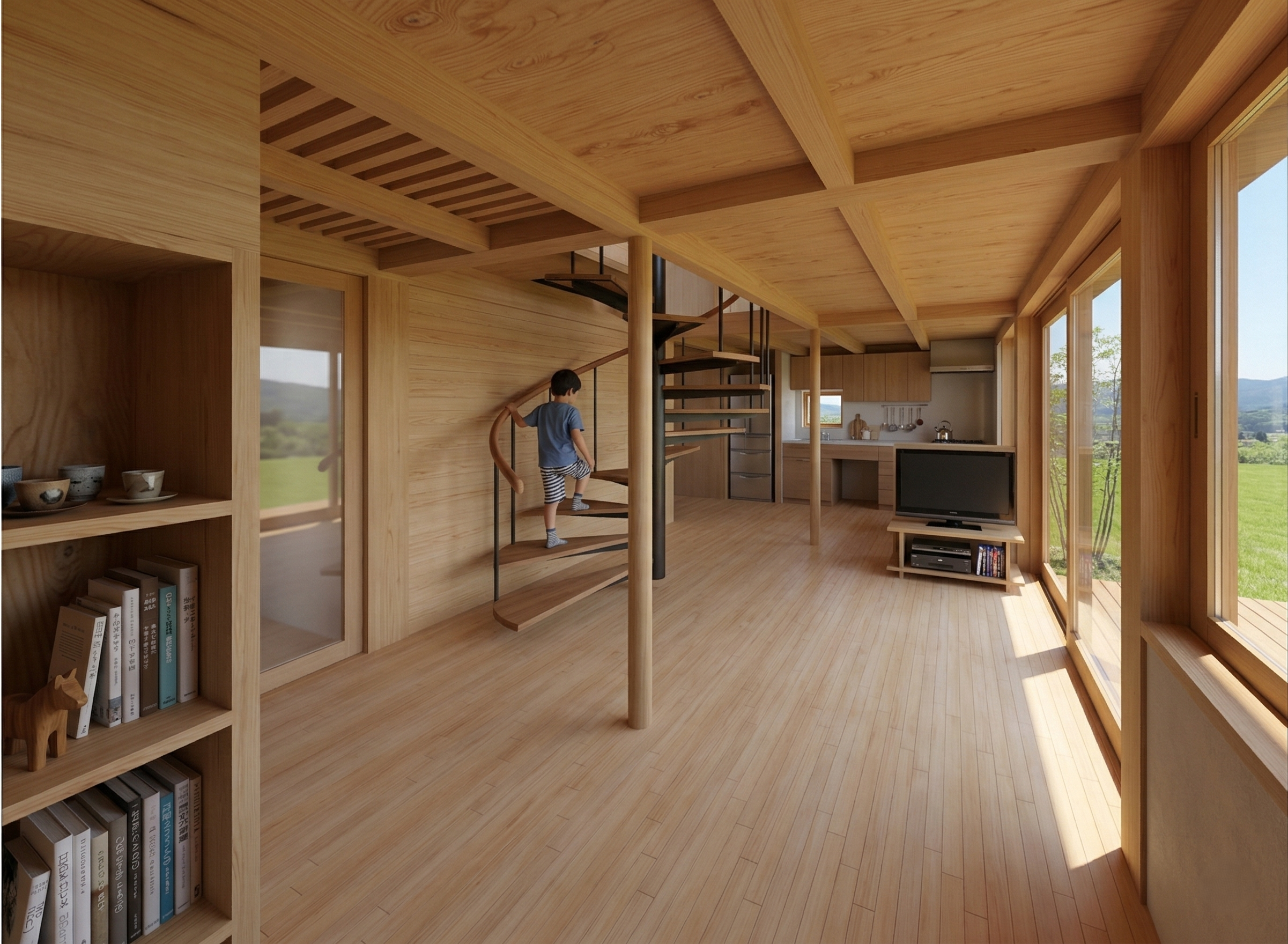 部屋の中心にあるらせん階段を子供が上がっている。部屋の隅にはキッチンがあり、大きな窓の外にデッキが広がっている。