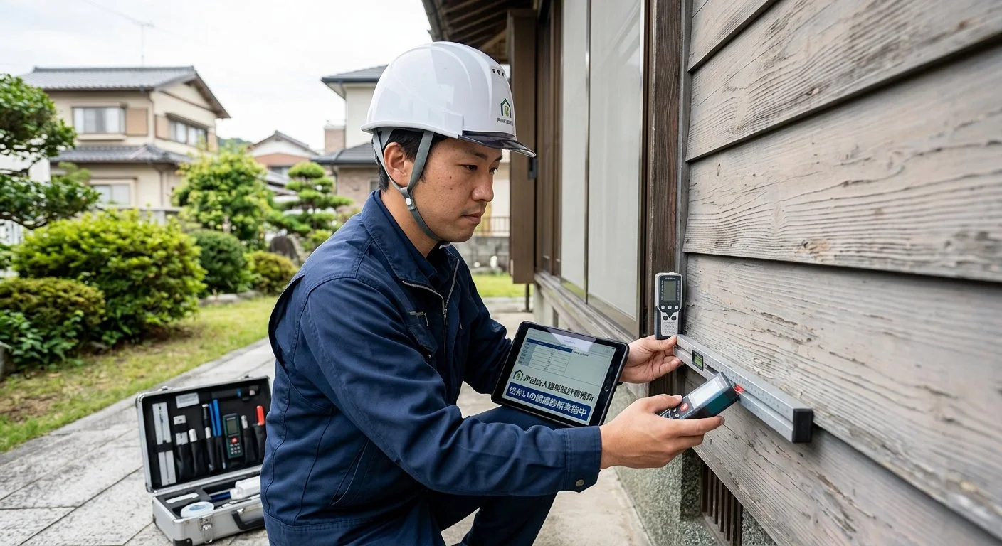 ヘルメットを被り紺の作業着を着た男性が住まいの外壁に計器をあてがっている。手元にはタブレットを持ち、後ろには計器を仕舞うケースが置かれている。