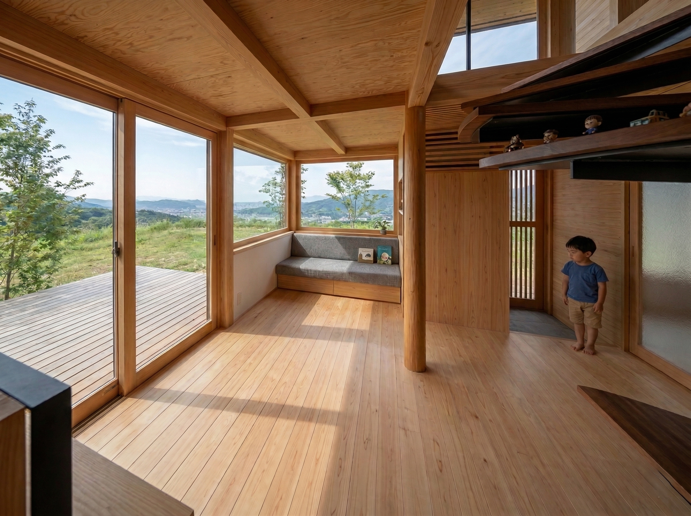 大きな窓の外に開ける山並み。部屋の隅にはソファがあります。入口には小さな男の子が立ち窓の外を眺めている