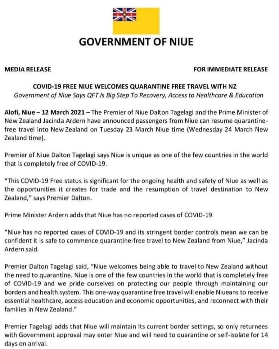 Niue to New Zealand borders open up for Quarantine free travel March 23.