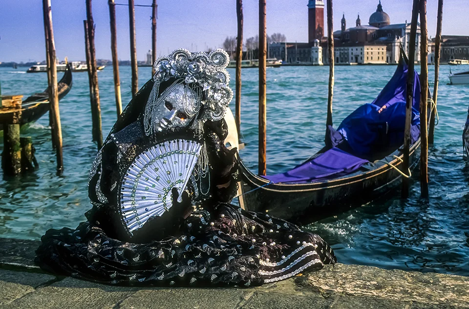 Portrait of GREY & BLACK venetian Carnivale costume by gondola at Carnivale, Venice, Italy 1999 (LC).jpg