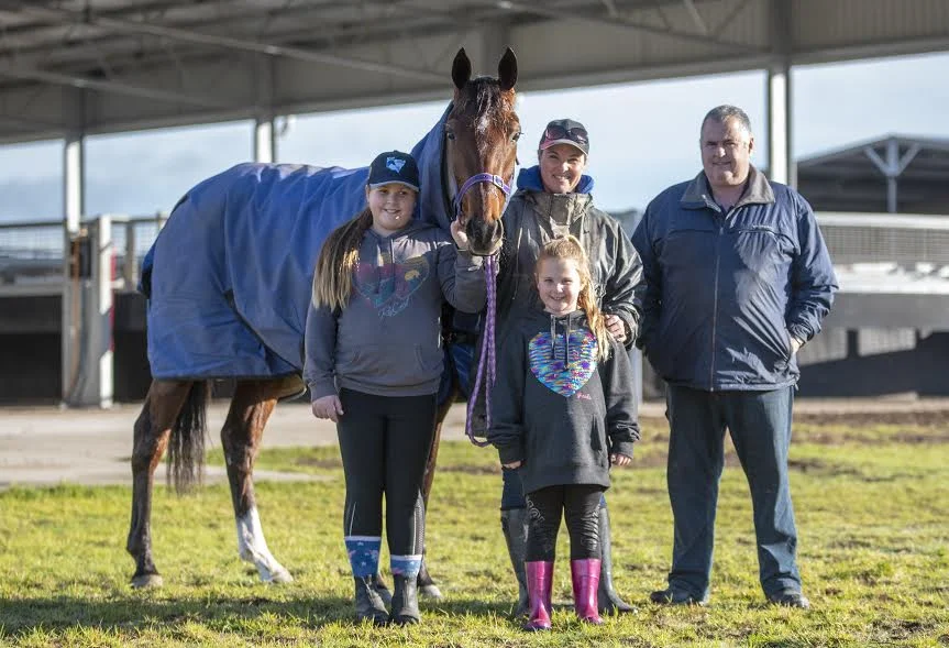 Goodtime Heaven arriving at Menangle with Courtney, daughters Zarah and Indi, and Ian Slater