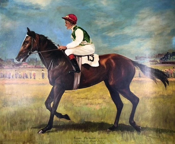 Oil painting of Bill and Regal Problem after a Cessnock Cup win. Winner was trained by Norm Collins Snr.