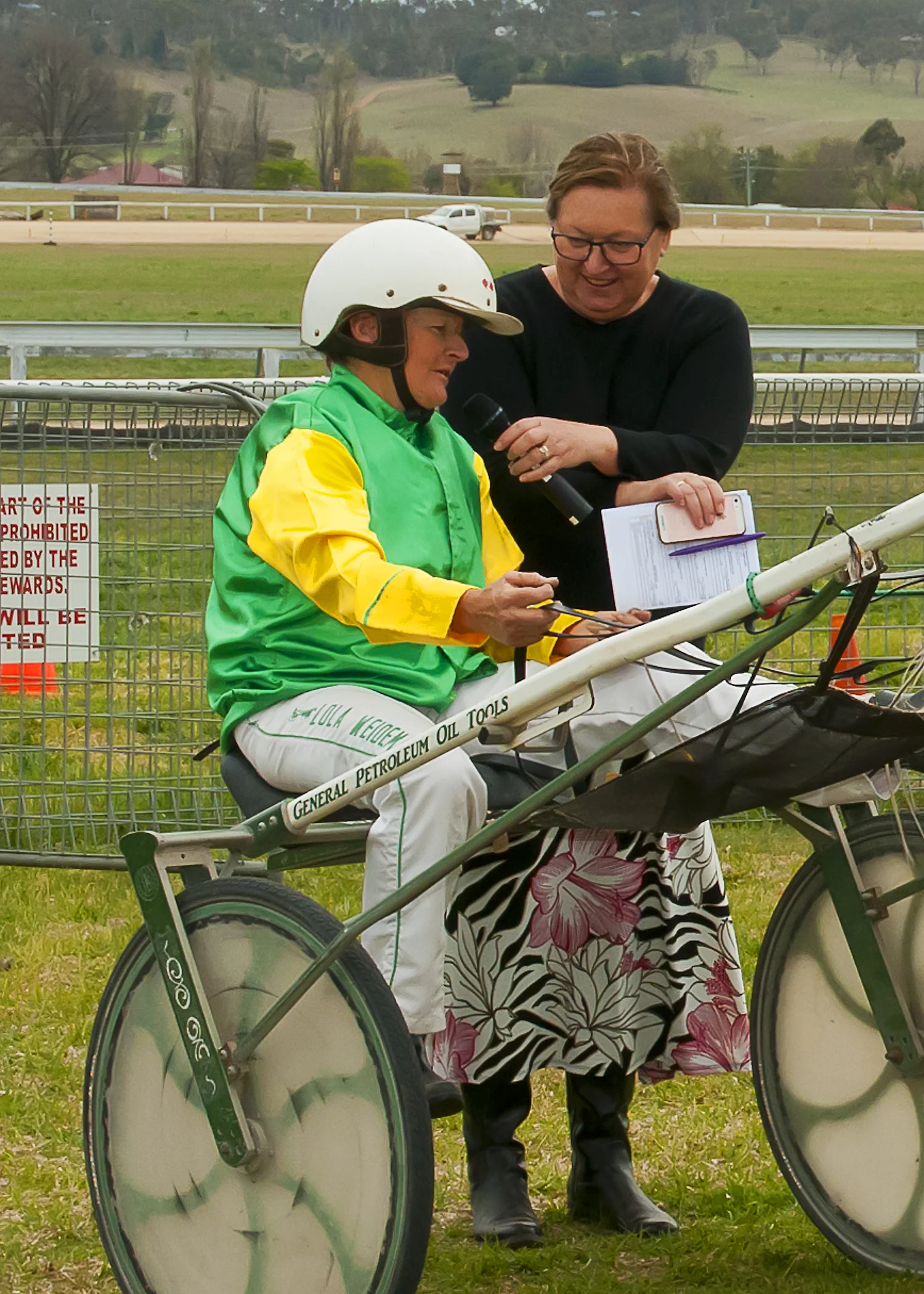 Image courtesy PeterMac Photography - Lola is interviewed by Julie Maughan - Chairperson Tamworth Harness Racing Club.