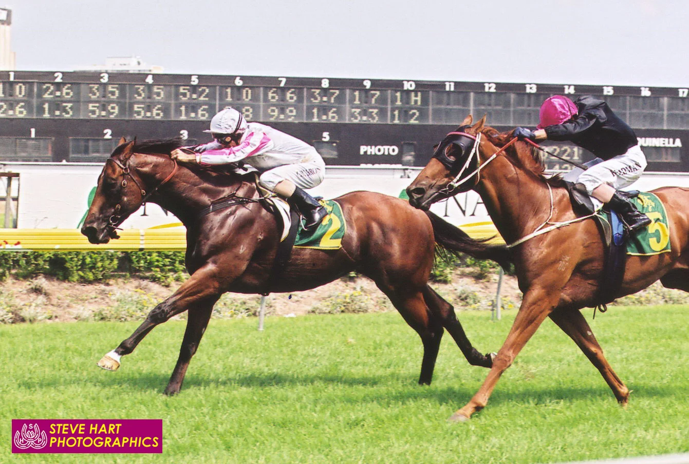 Image courtesy Steve Hart Photographics - Exceed And Excel (Corey Brown) wins the 2004 Royal Sovereign Stakes from Ambulance (Darren Beadman). Ambulance later raced in Hong Kong as Lightning Star.