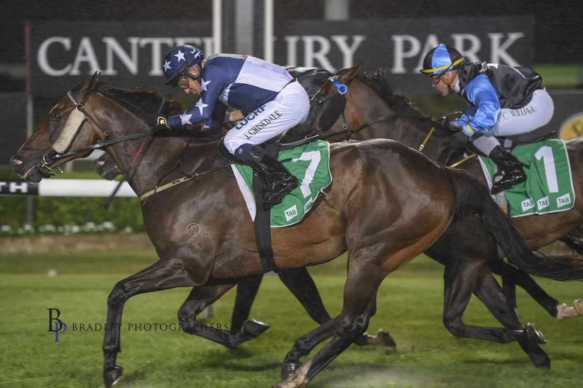 Image courtesy Bradley Photos - Jon and Donna won this one under the lights at Canterbury with Waltzing Willie.