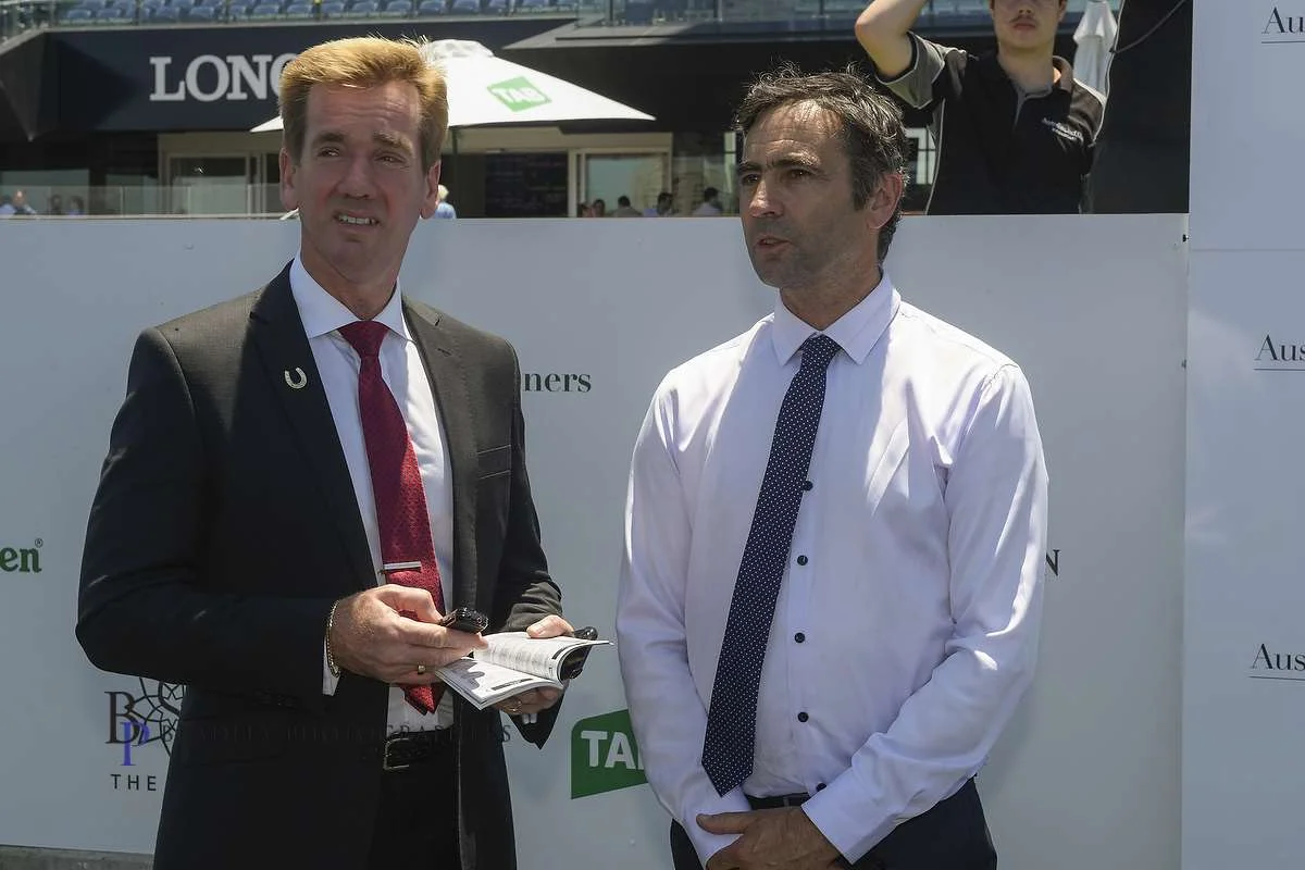 Image courtesy Bradley Photographers - One year after the accident. Garry with racing writer, Ray Thomas, after the Tab Highway win by Smart As