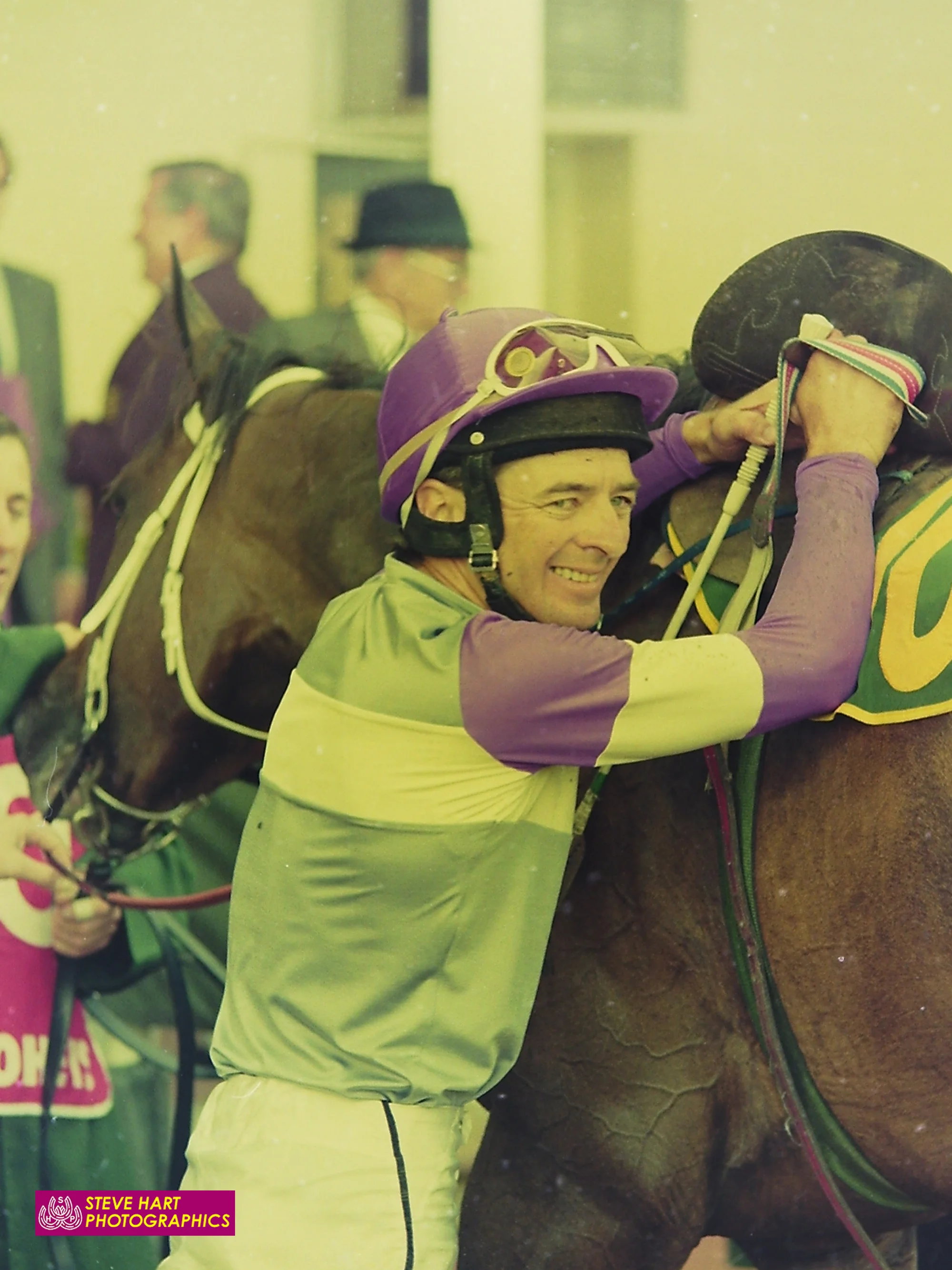 Image courtesy Steve Hart Photographics - Alan Scorse unsaddles Spanish Mix after winning the Challenge Stakes 1993.