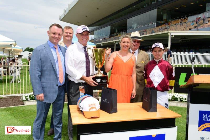 Image courtesy Trackside Photography - Lee, Cherie, Frank Cook and Christian Reith after Meryl's win in the Bruce McLachlan at Doomben 30/12/2017.