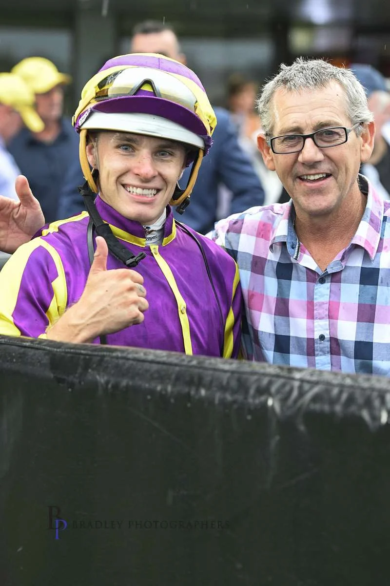 Image courtesy Bradley Photographers - Travis with trainer Tracey Bartley after Miss Redoble's win Kembla 23/03/2019.