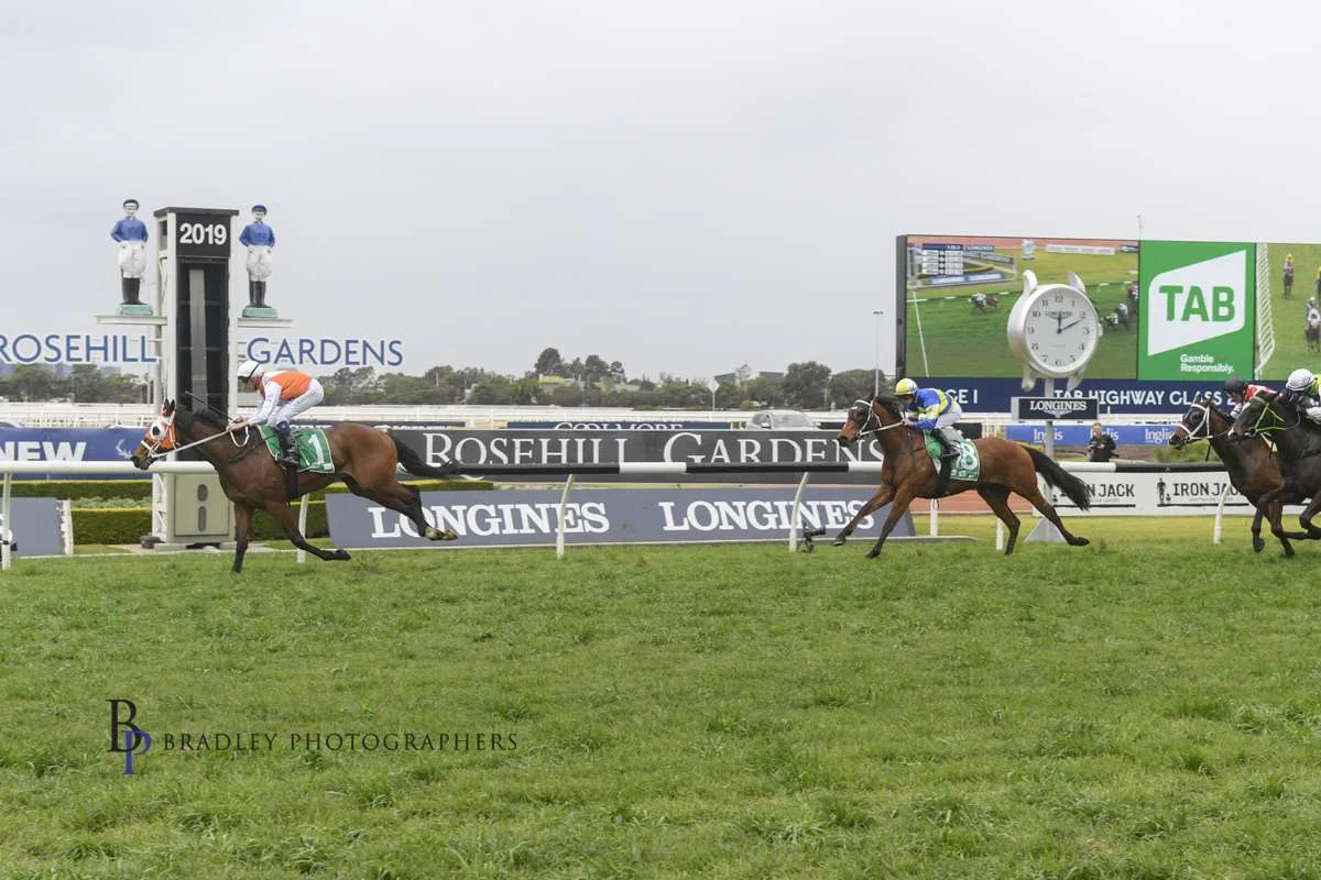 Image courtesy Bradley Photographers - Assault'N'Bathory and Nash Rawiller cruise home in Saturday's TAB Highway.