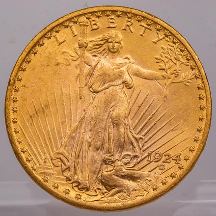 1924 $20.00 ST. GAUDEN’S GOLD COIN A 1924 $20 St. Gaudens Gold Coin, Circulated. Est: $1,500 - $1,700