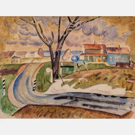 WILLIAM SOMMER, (1867-1949) - LANDSCAPE WITH HOUSES William Sommer, (1867-1949) - Landscape with Houses, Framed dimensions: h: 17 1/8 x w: 19 5/8 in. Estimate: $3,000 - $5,000
