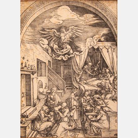 ALBRECHT DÜRER, (GERMAN, 1471-1528) - THE BIRTH OF MARY, CA. 1503 Albrecht Dürer, (German, 1471-1528) - The Birth of Mary, ca. 1503, Sheet 5 of the series: 'The Life of Mary'. Estimate: $1,000 - $2,000
