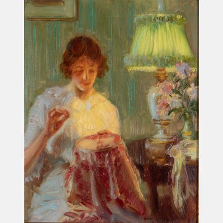 EDWARD DUFNER, (AMERICAN, 1871-1957) - MENDING BY THE LIGHT Edward Dufner, (American, 1871-1957) - Mending by the Light Estimate: $2,000 - $4,000