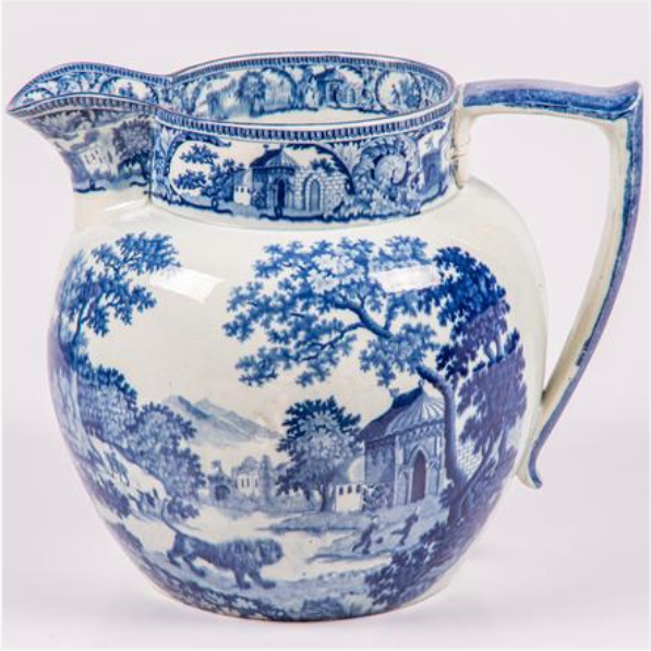RARE ENGLISH MASSIVE BLUE AND WHITE TRANSFER PRINTED PITCHER IN THE ANGRY LION PATTERN