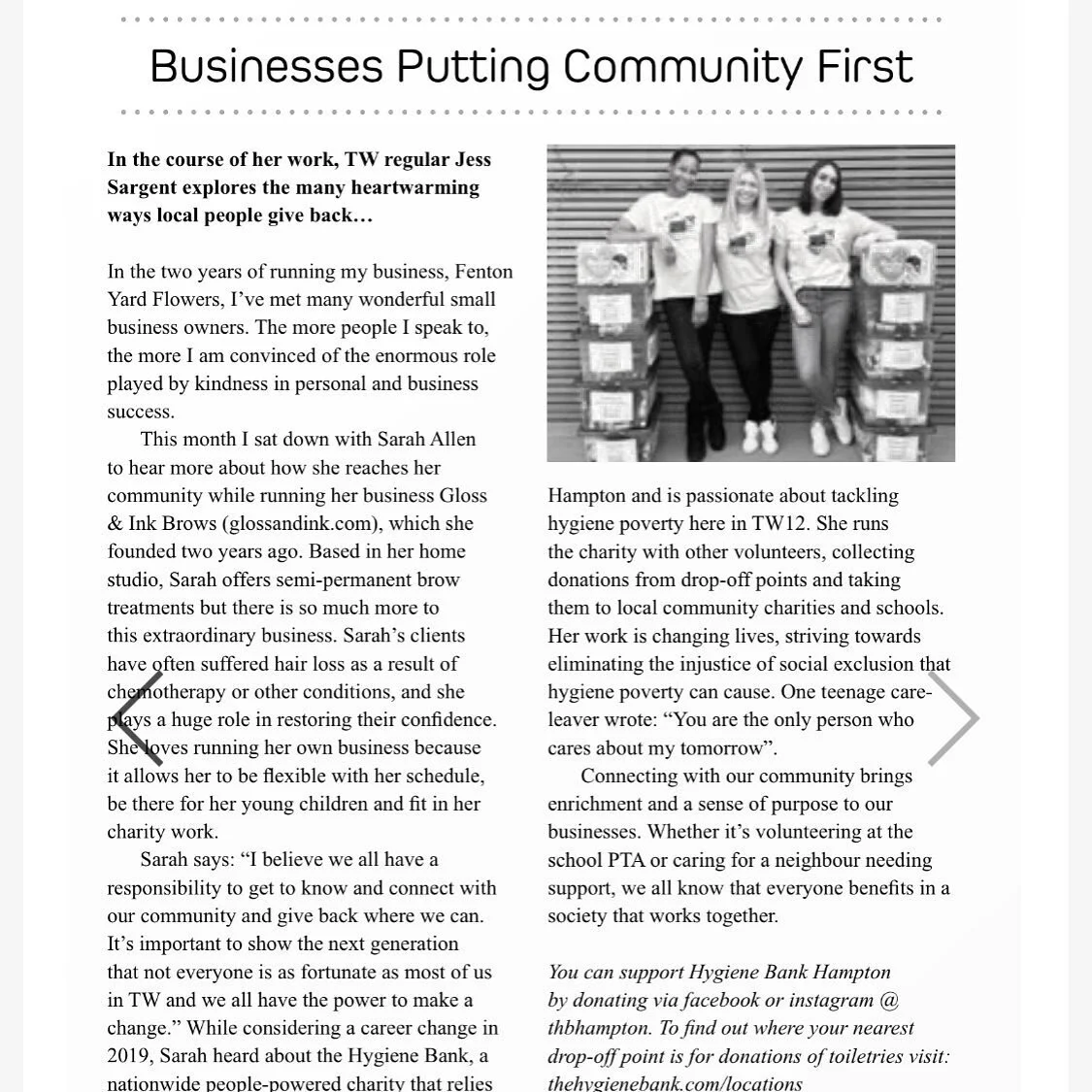 // Read All About It! Brows With Benefits // 

Gloss &amp; Ink X The Hygiene Bank 🛁 

As well as beautifying brows, I also run The Hygiene Bank&rsquo;s Hampton project. You can read all about it in this month&rsquo;s Hampton &amp; Hampton Hill magaz