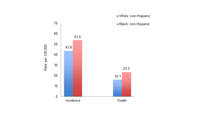 Steele CB, Rim SH, Joseph DA, King JB, Seeff LC. Colorectal cancer incidence and screening—United States, 2008 and 2010. Morbidity and Mortality Weekly Report . 2013; 62(3): 53-60. Figure 9. Age-adjusted incidence and mortality rates per 100,000 population from colorectal cancer by race/ethnicity, 2008.