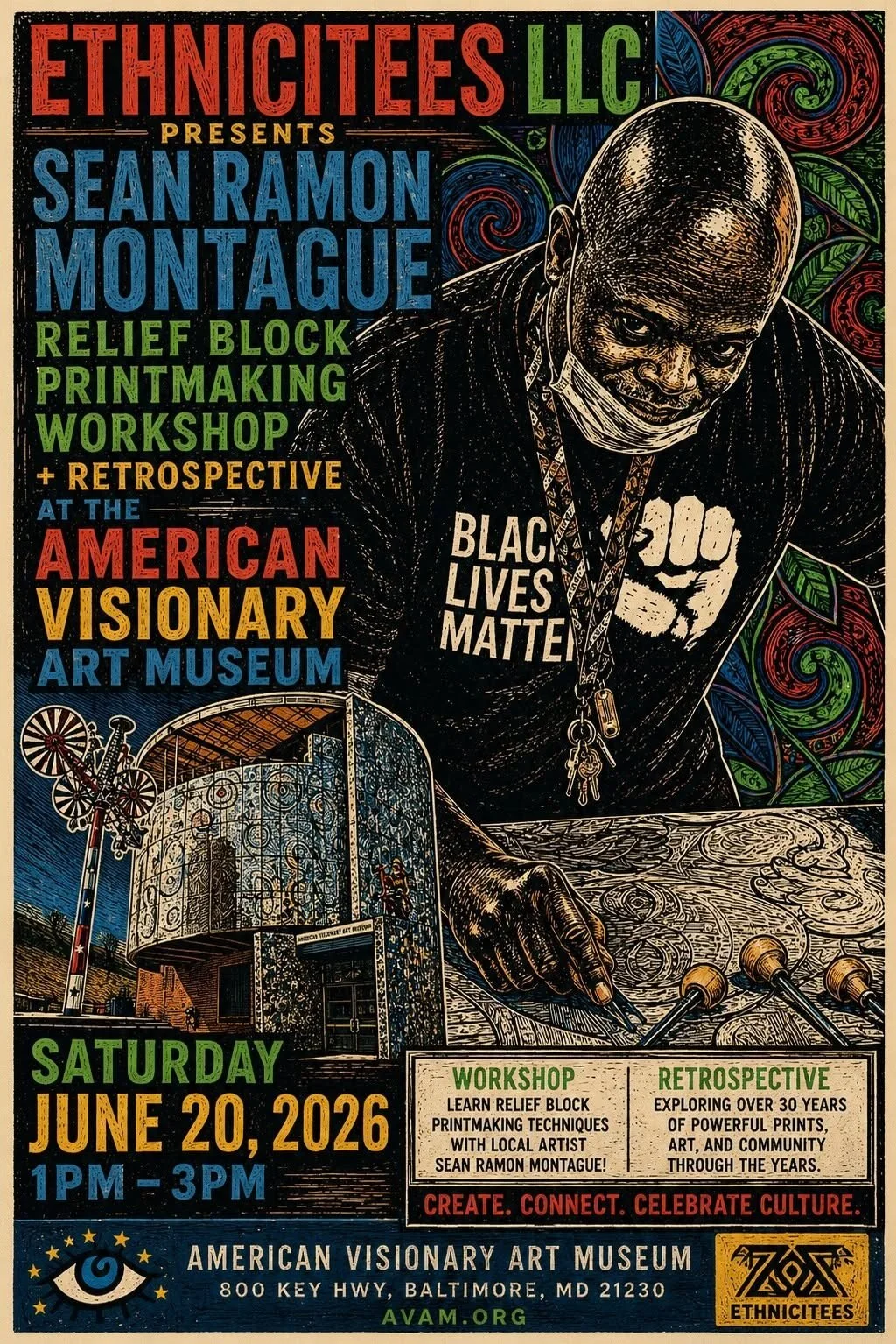 Ethnicitees relief block printmaking workshop and retrospective at the American Visionary Art Museum featuring artist Sean Ramon Montague.