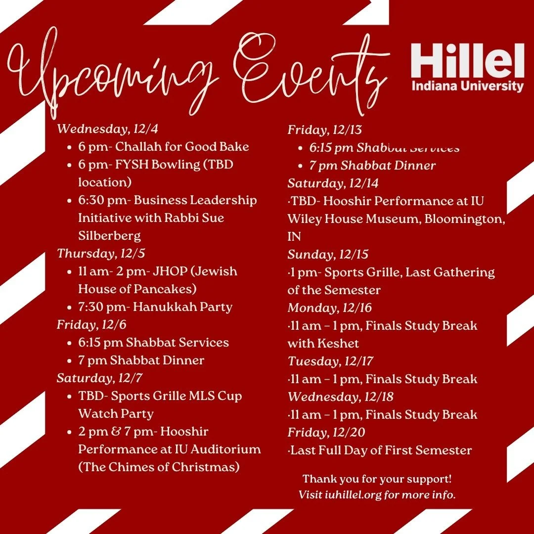 We're back, it's cold, but a lot is happening at IU Hillel! 
Stop by soon!🥰
#endofsemester #jewishlife #winterishere