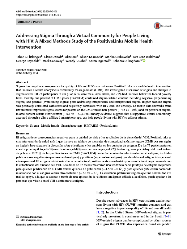 Addressing Stigma Through a Virtual Community for People Living with HIV: A Mixed Methods Study of the PositiveLinks Mobile Health Intervention