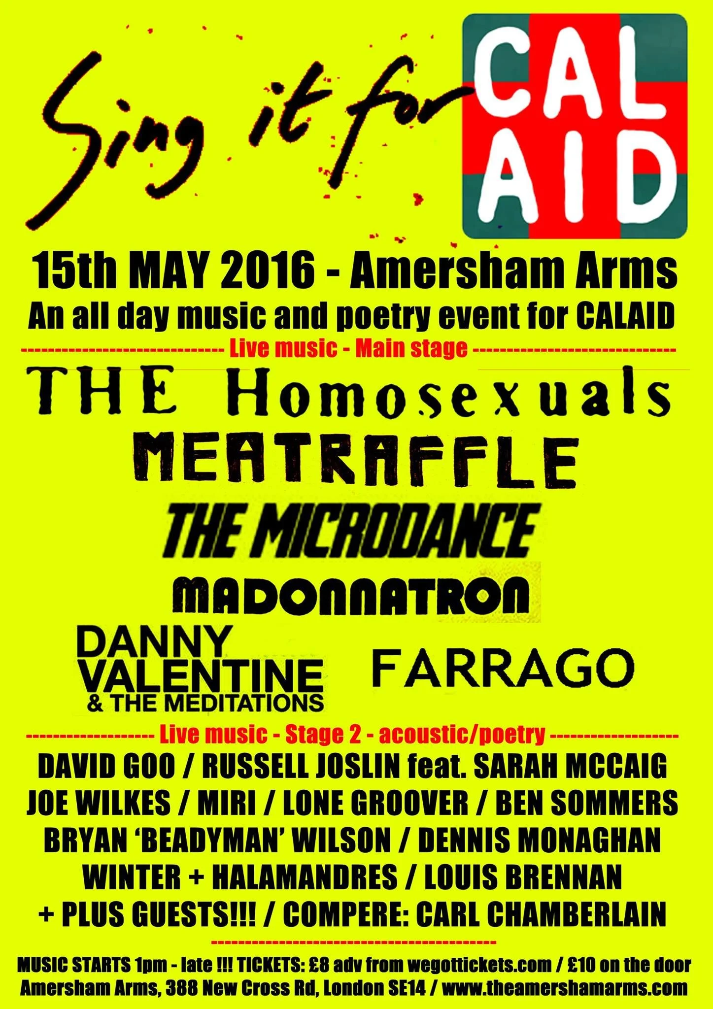 Sing it for Calaid at the New Cross Inn (DVATM) with Meatraffle, The Homosexuals, Madonnatron and Russell Joslin