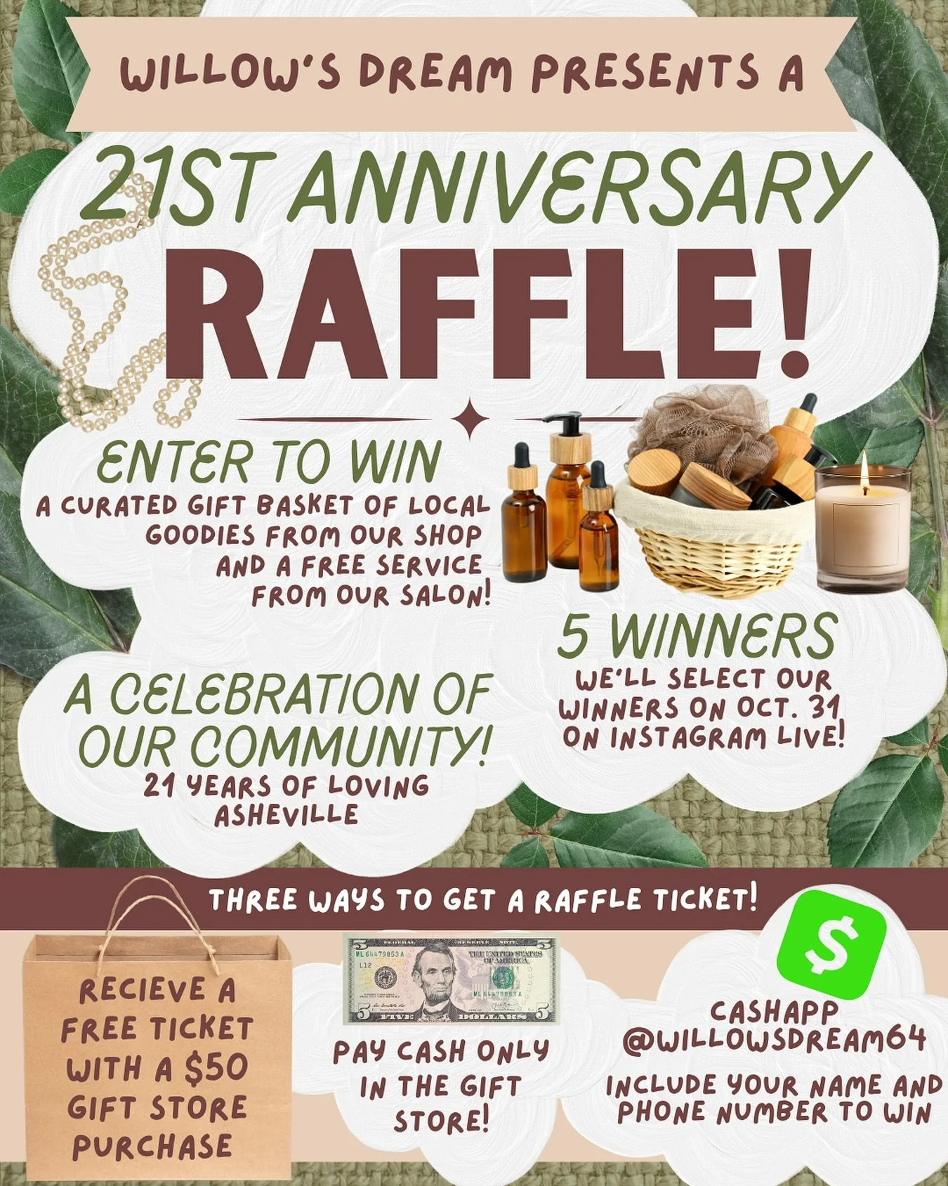 ✨HUGE NEWS!!✨
This October, we&rsquo;re celebrating 21 years of Willow&rsquo;s Dream, and we&rsquo;re giving back to our amazing community with a ✨🎁ANNIVERSARY RAFFLE🎉✨

✨$5 TO ENTER✨
👉 Win a curated basket of some of our favorite goodies from the