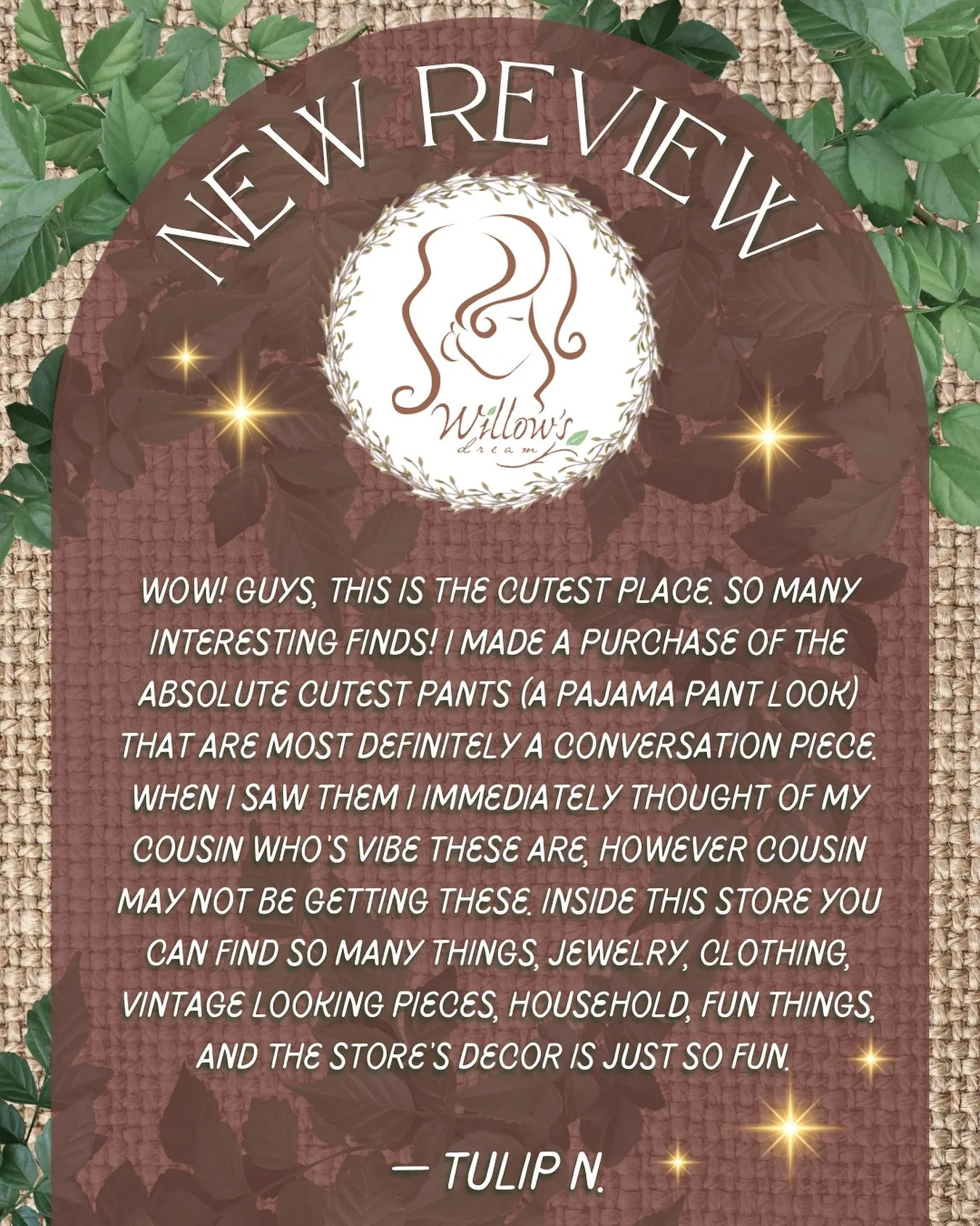 NEW REVIEW ALERT ✨🚨
&ldquo;Wow! Guys, this is the cutest place. So many interesting fines! I made a purchase of the absolute cutest pants (a pajama pant look) that are most definitely a conversation piece. When I saw them, I immediately thought of m