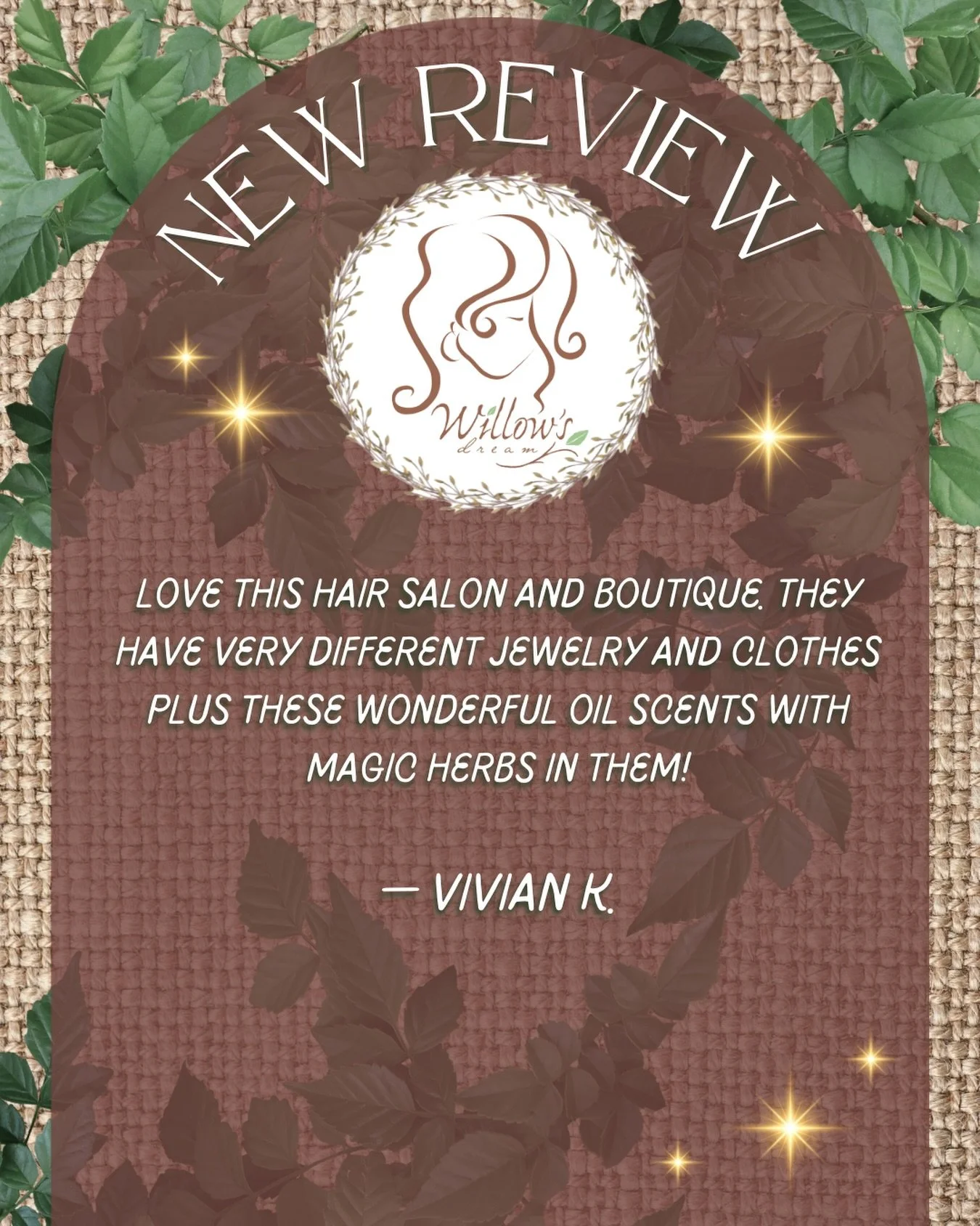 ✨NEW REVIEW ALERT✨
&ldquo;Love this hair salon and boutique. They have very different clothes and jewelry plus these wonderful oil scents with magic herbs in them!&rdquo; - Vivian K.

Thanks so much for the love, Vivian! We&rsquo;re glad you love our