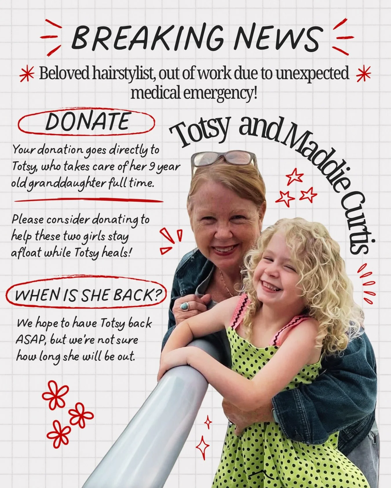 BREAKING NEWS🚨 
DONATE HERE: https://gofund.me/053ca1724 (or drop off donations to the front desk at Willow&rsquo;s Dream) 

✨Everyone&rsquo;s FAVORITE hairstylist is dealing with an unexpected medical emergency that will keep her out of work for an