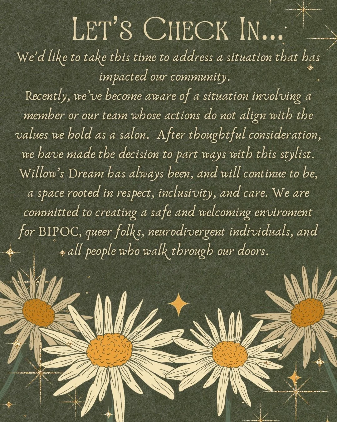 LET&rsquo;S CHECK IN...
We&rsquo;d like to take this time to address a situation that has impacted our community.

Recently, we&rsquo;ve become aware of a situation involving a member or our team whose actions do not align with the values we hold as 