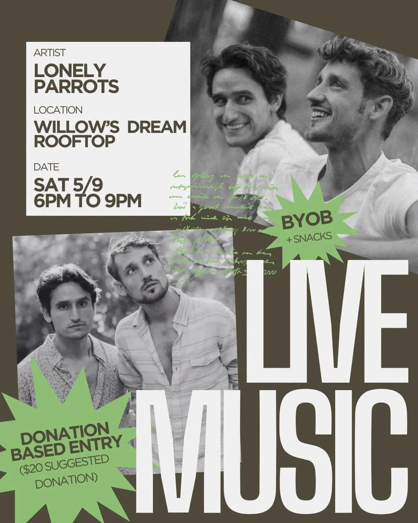 LIVE MUSIC 🪩✨
WHO &mdash; @lonelyparrotsmusic 
WHERE &mdash; Willow&rsquo;s Dream Rooftop! 🎉🪩
WHEN &mdash; 6:00pm to 9:00pm ✨
HOW MUCH &mdash; Donation Based!! ($20 suggested)

Come for an intimate evening of music with duo Lonely Parrots 🦜 🎶✨ 
