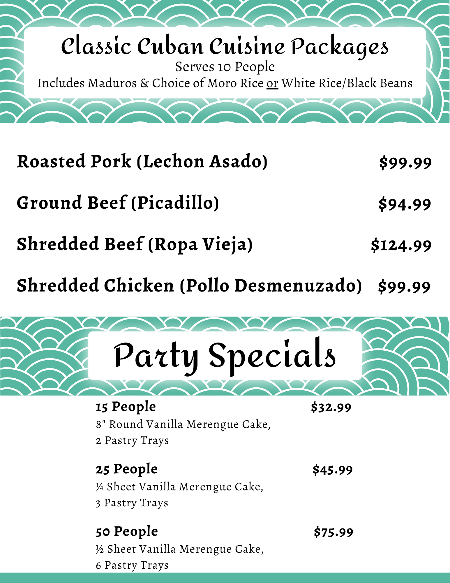 Menu of Catering packages and Cake Party Packages with pricing