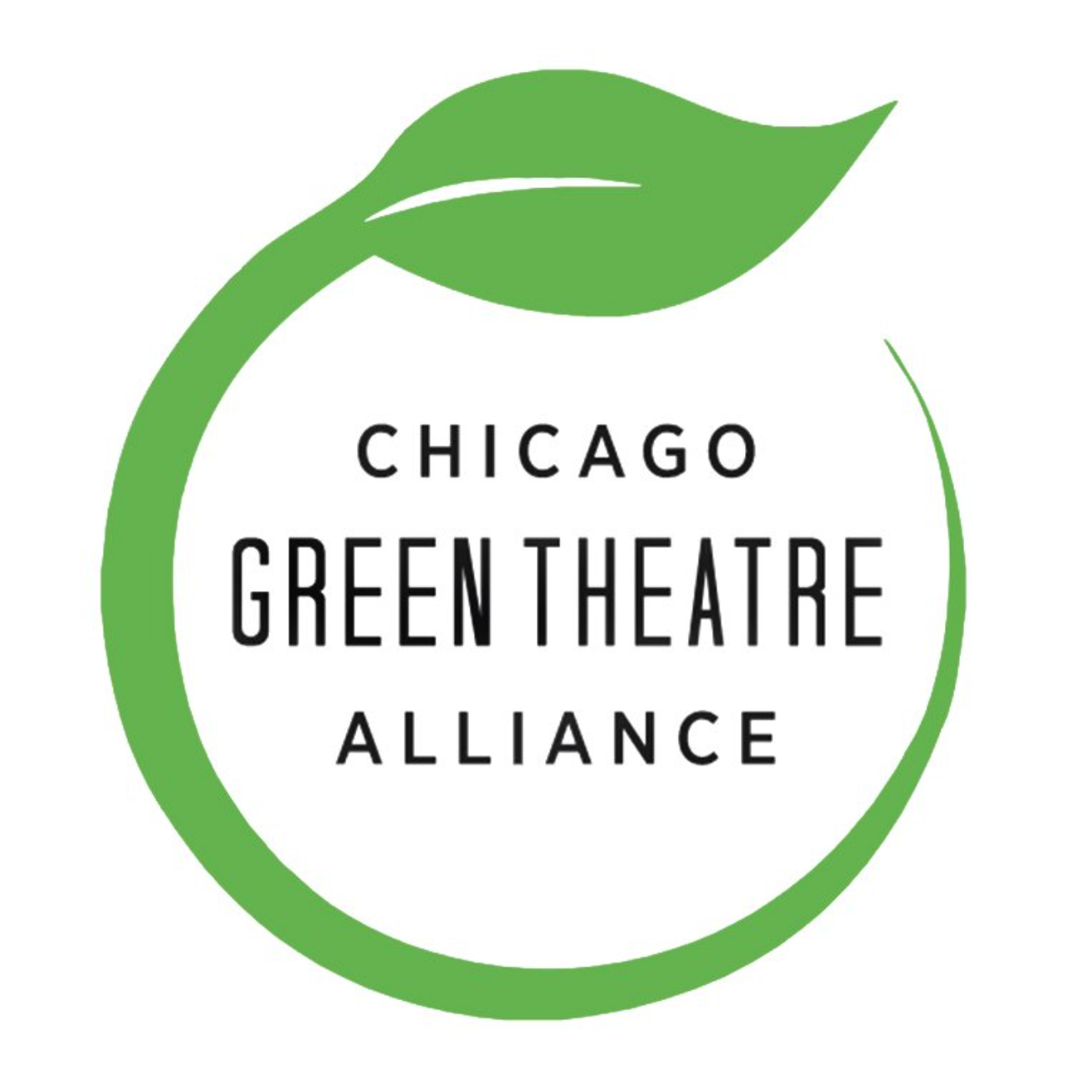 Chicago Green Theatre Alliance in black text on a white background with a green stemmed leaf circling the text