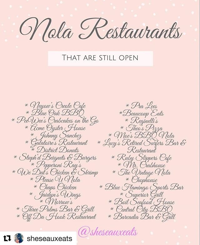 #Repost @sheseauxeats with @get_repost
・・・
Compiled a list of restaurants that are still open for delivery/takeout! I know it is not all of them so please feel free to comment more so that I can add them! Let&rsquo;s support our locals as best as we 