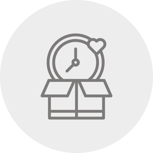 An icon of a clock with a heart above it, inside an open box.