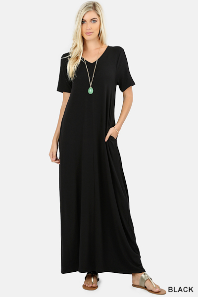 Ezenana Premium Fabric V-Neck Short Sleeve Maxi Dress - Black