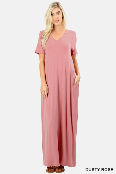 Ezenana Premium Fabric V-Neck Short Sleeve Maxi Dress in Dusty Rose