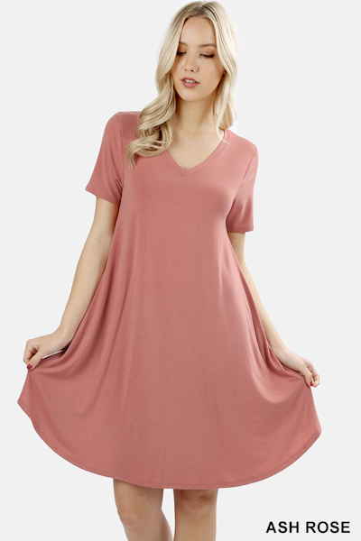 Zenana Premium Fabric V-Neck Short Sleeve Round Hem A-Line Dress - Ash Rose